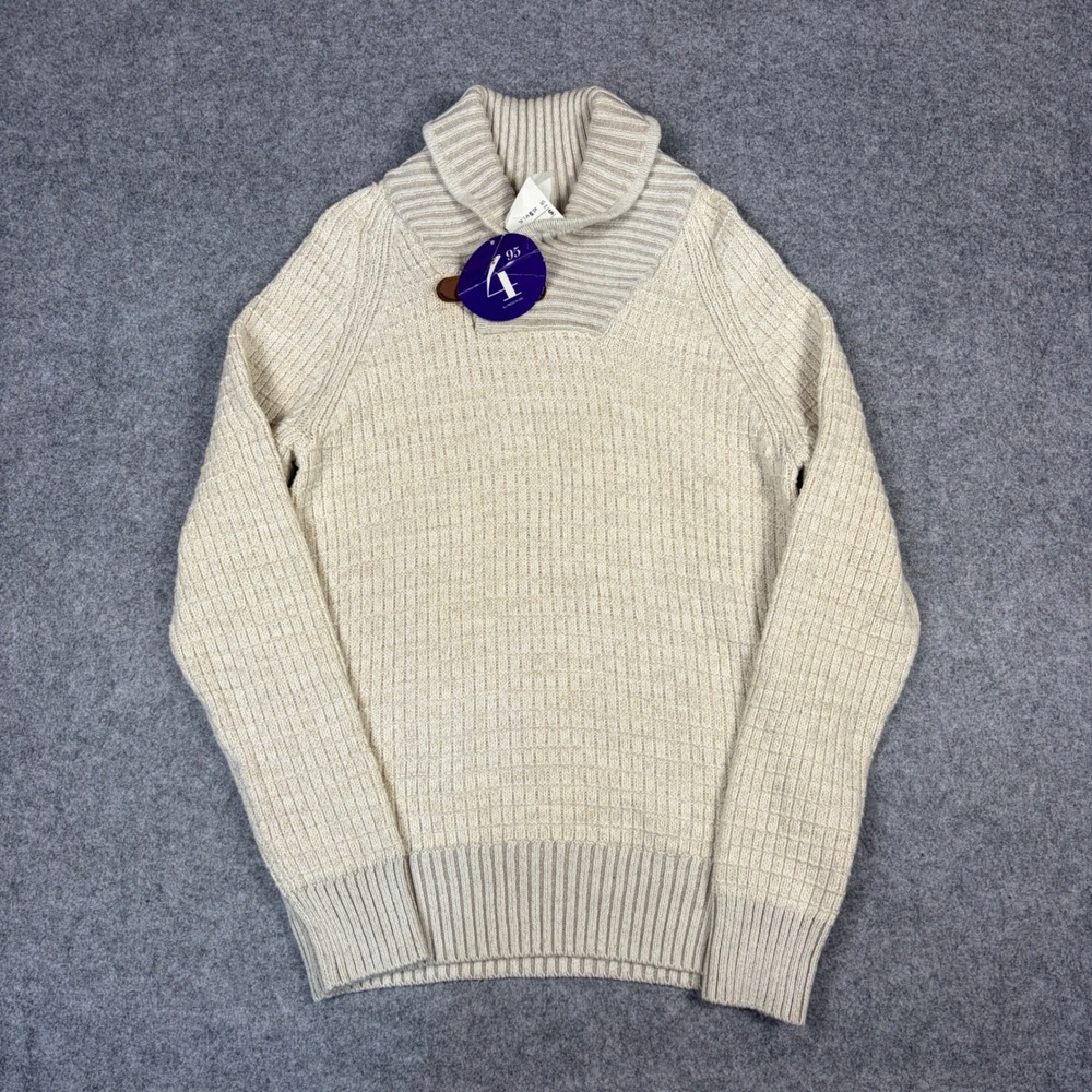 HM Mens Shawl Collar Toggle Sweater Cream Beige Waffle Knit Pullover Small NEW